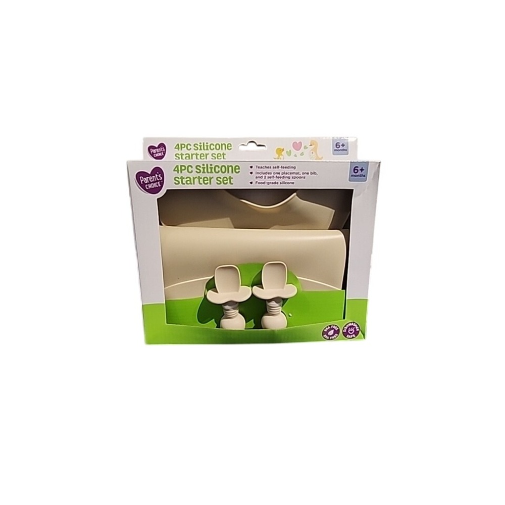 Parents Choice 4PC Silicone Starter Set Bib Placemat 2 Spoons Beige 6 Months+